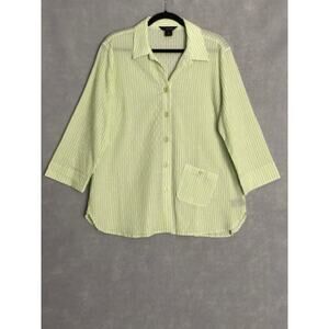 Ali Miles Striped Woven Top Button Front in Soft Lime Women's Large NEW